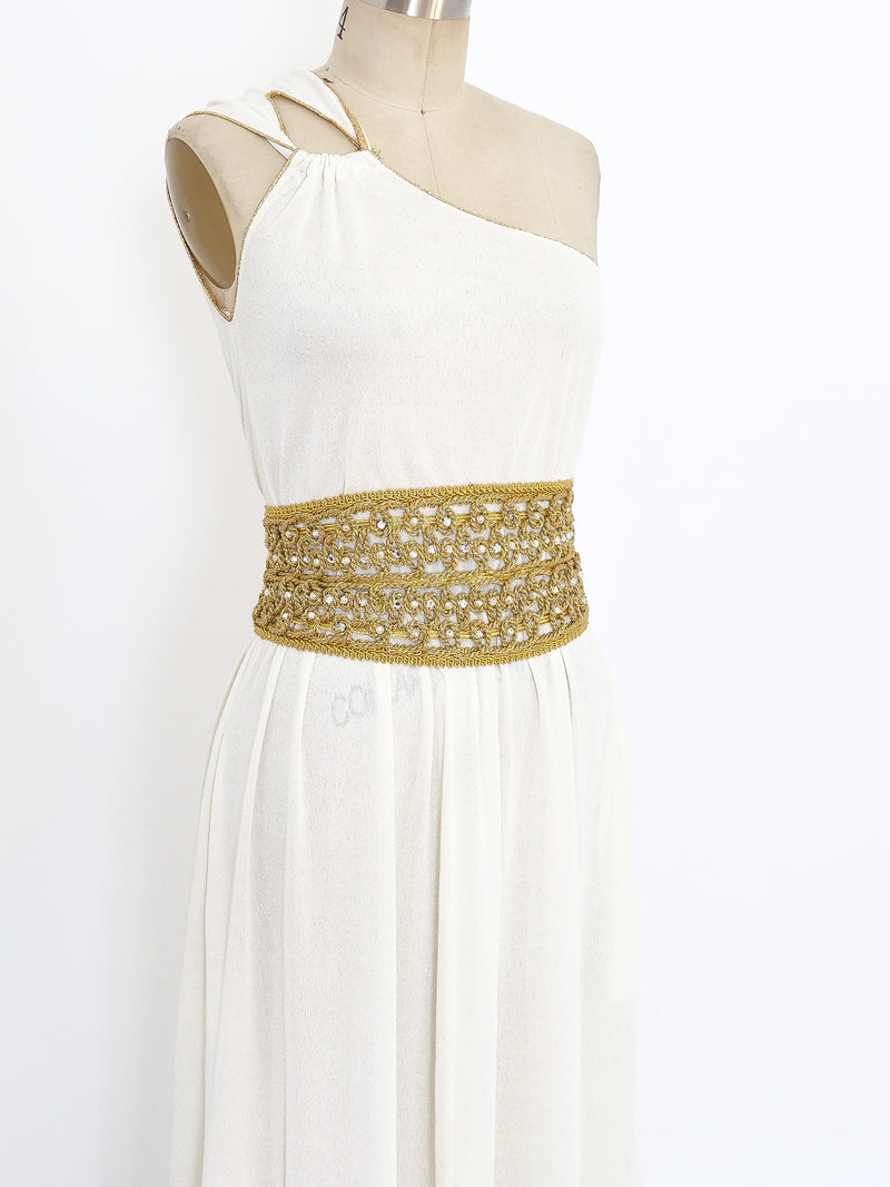 Ivory Jersey Belted One Shoulder Dress Dress arcadeshops.com
