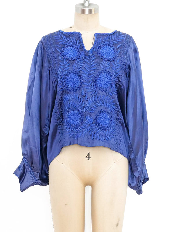 Floral Embroidered Satin Peasant Top Top arcadeshops.com