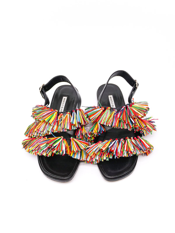 Manolo Blahnik Raffia Fringe Flat Sandal Accessory arcadeshops.com