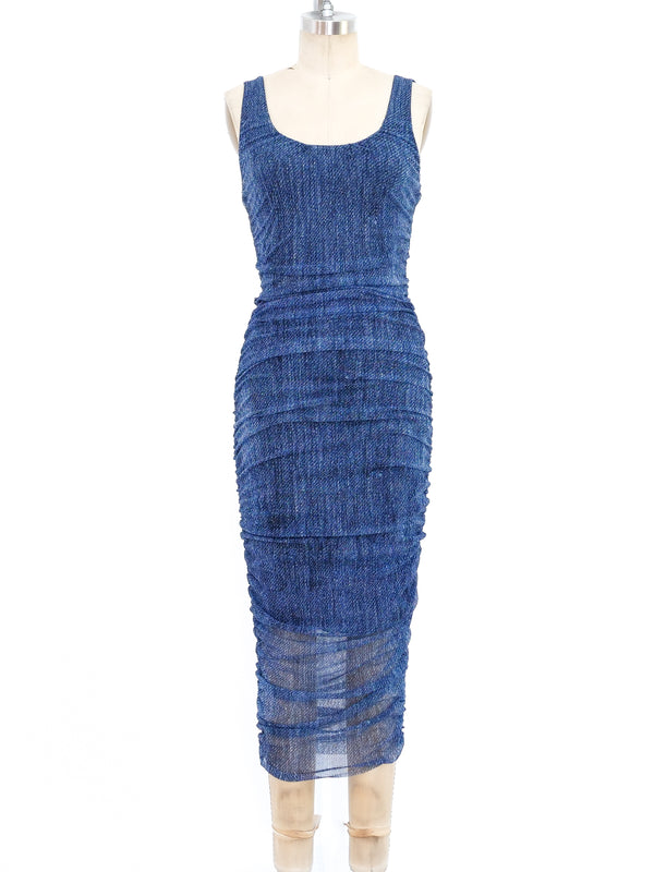Denim Printed Ruched Mesh Tank Dress Dress arcadeshops.com