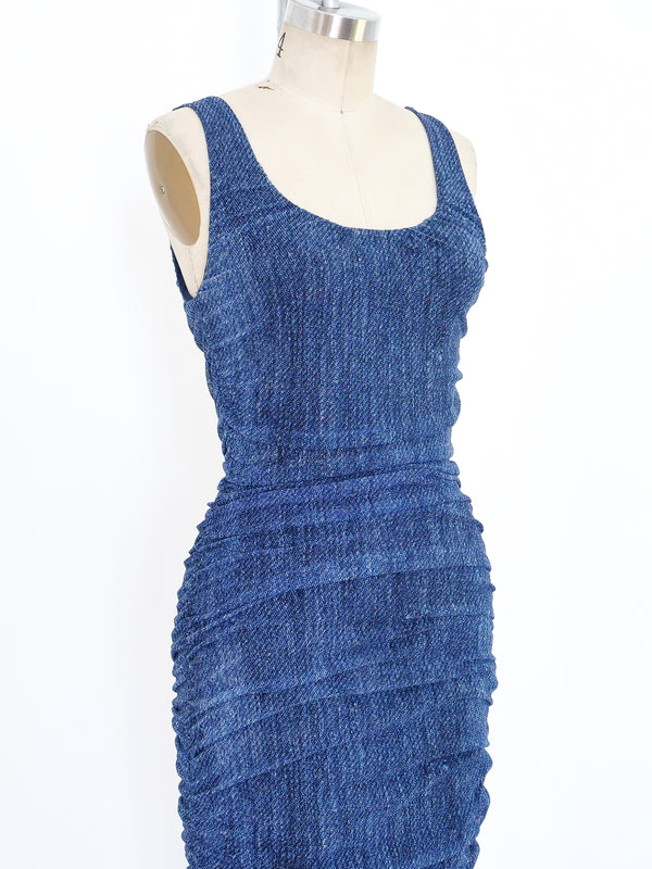 Denim Printed Ruched Mesh Tank Dress Dress arcadeshops.com