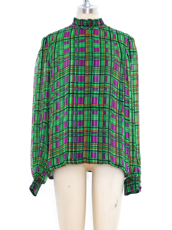 Emerald Plaid Silk Blouse Top arcadeshops.com