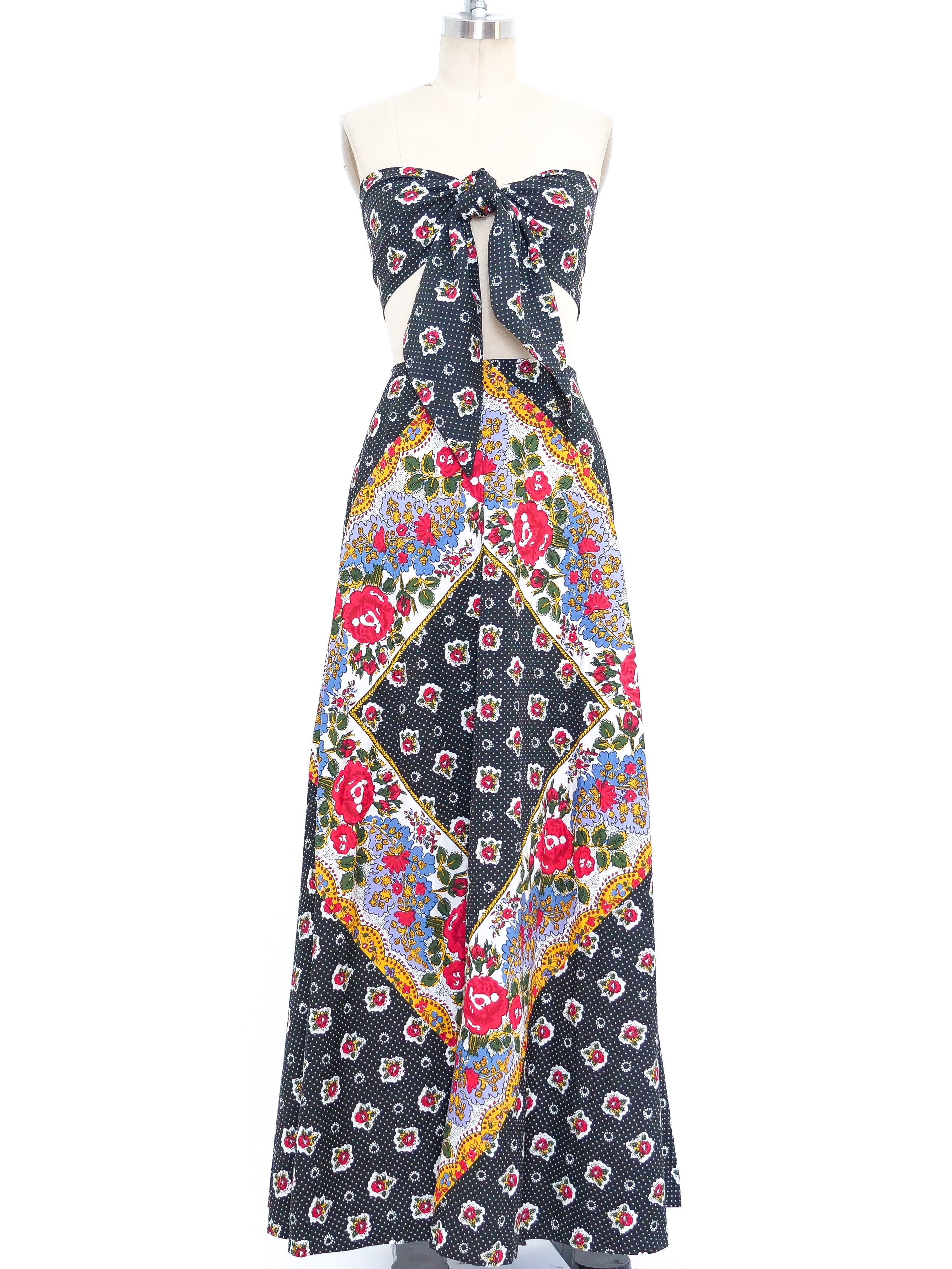 Pink Blue Flowers Maxi Skirt With Sash Waist Tie