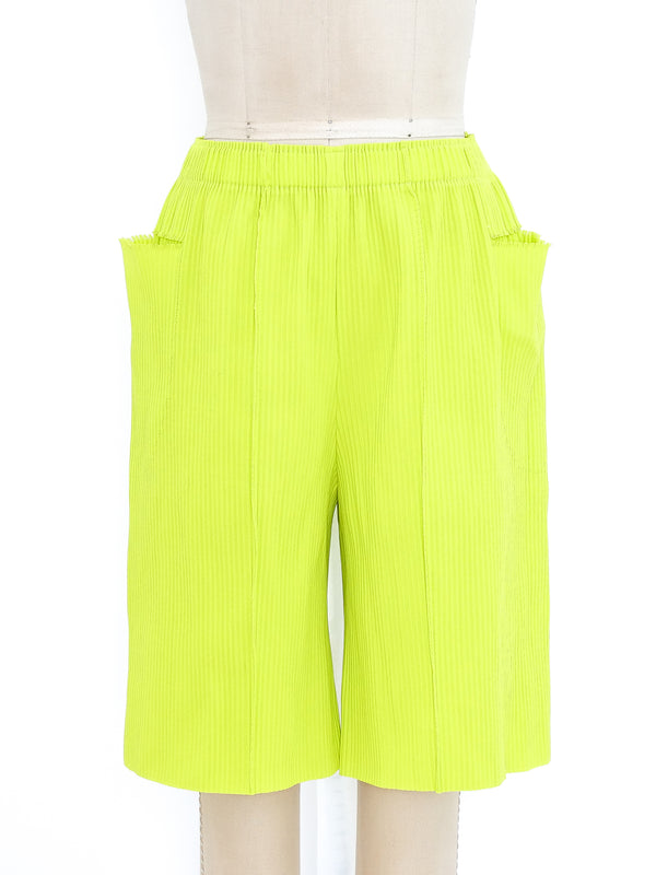 Issey Miyake Chartreuse Pleated Shorts Bottom arcadeshops.com