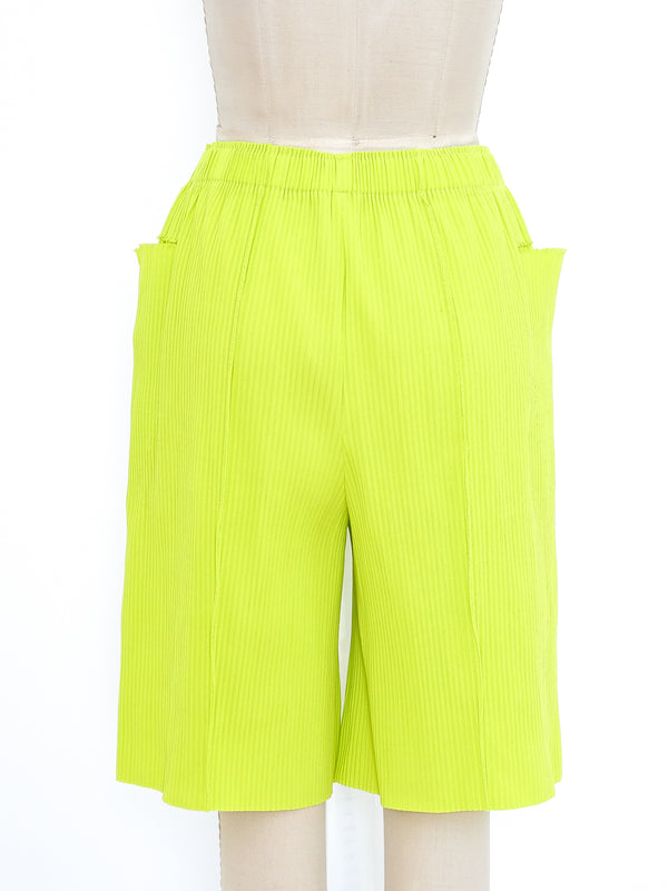 Issey Miyake Chartreuse Pleated Shorts Bottom arcadeshops.com