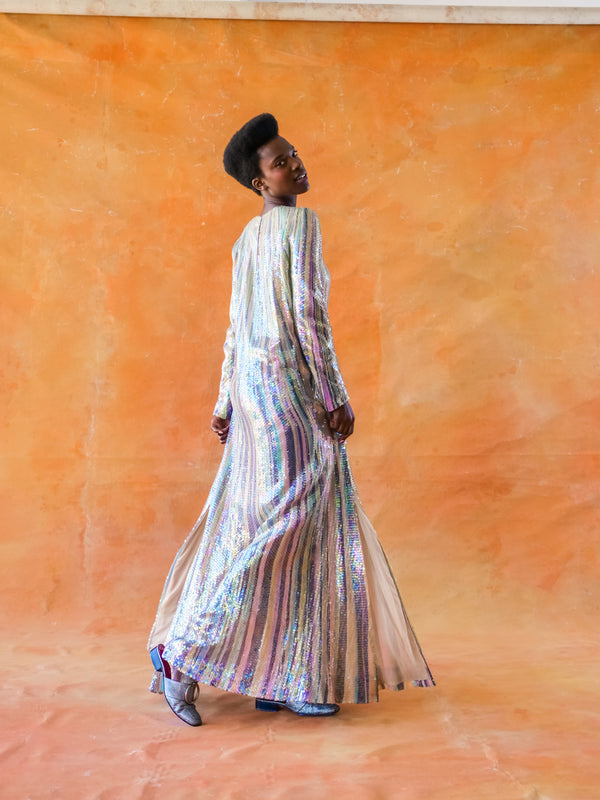 Pastel Sequin Striped Gown Dress arcadeshops.com