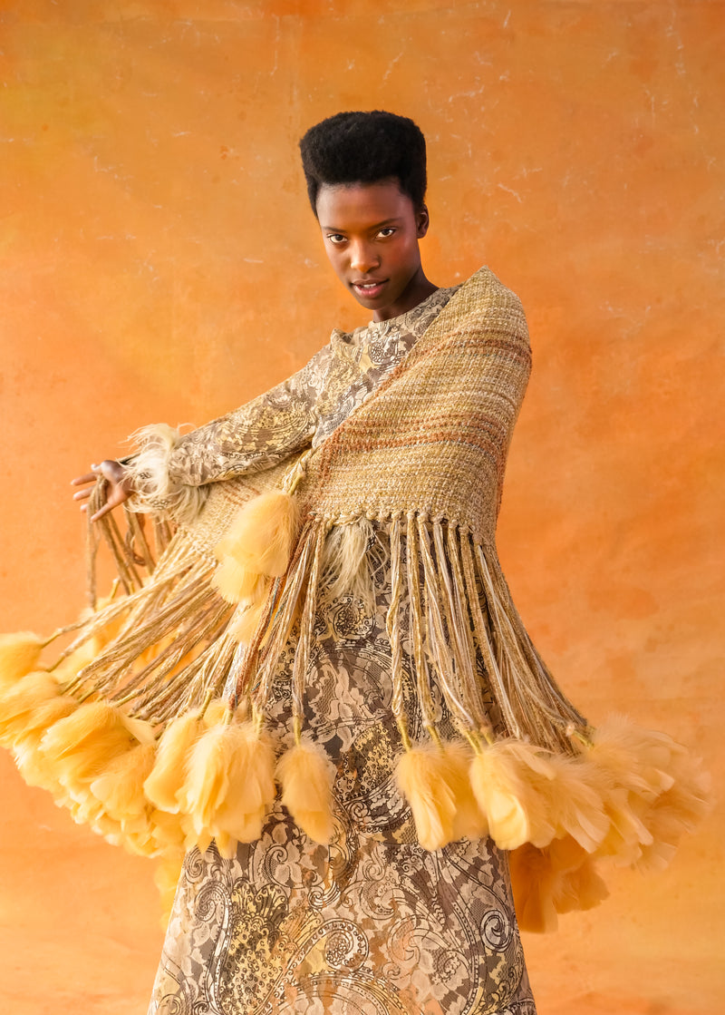 Feather Trimmed Tapestry Shawl Jacket arcadeshops.com