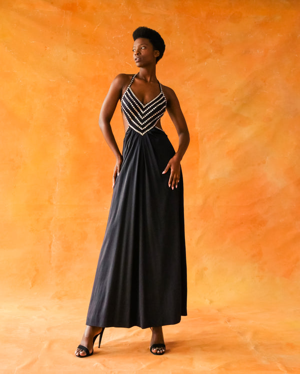 Estevez Crystal Studded Halter Gown Dress arcadeshops.com