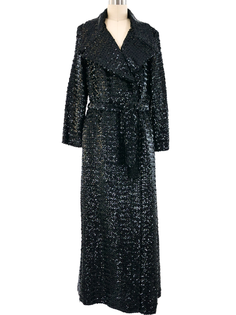 Sequin Embellished Belted Maxi Coat Outerwear arcadeshops.com