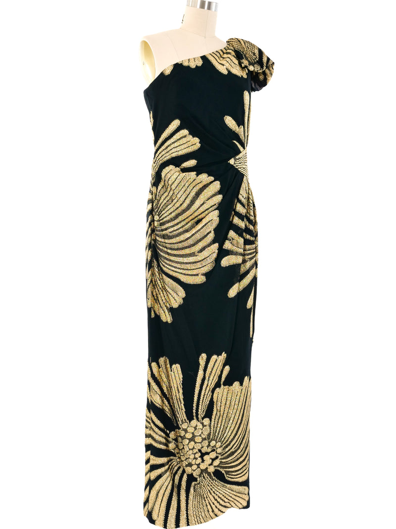 Lee Jordan Metallic Floral Brocade One Shoulder Gown Dress arcadeshops.com