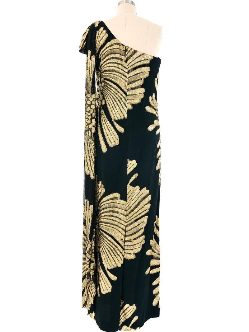 Lee Jordan Metallic Floral Brocade One Shoulder Gown Dress arcadeshops.com