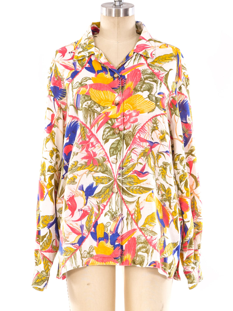 Hermes Tropical Bird Printed Linen Shirt Top arcadeshops.com