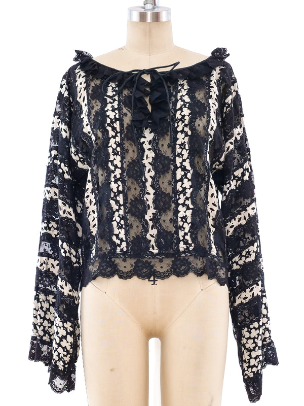 Koos Van Den Akker Silk Floral and Lace Peasant Blouse Top arcadeshops.com