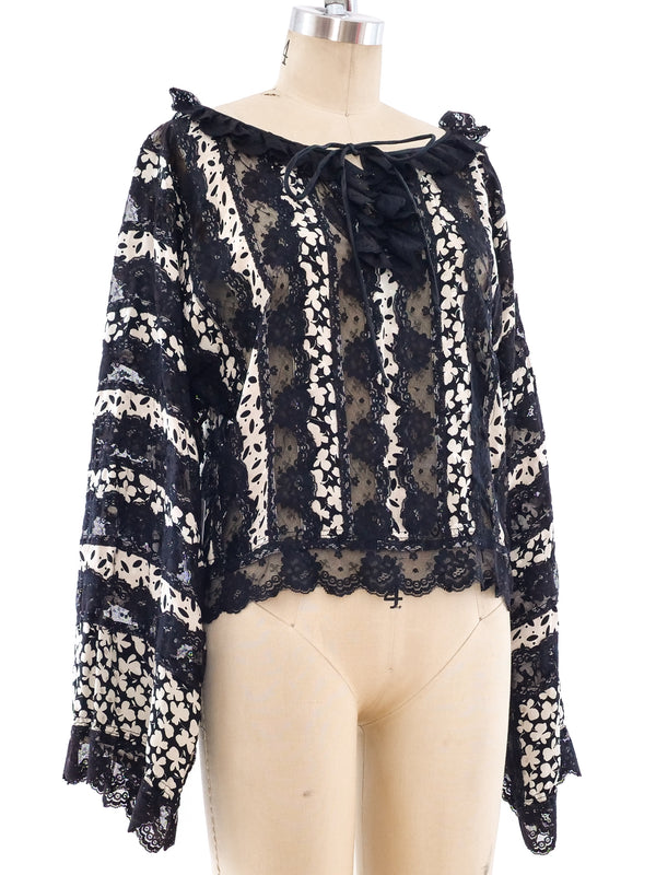 Koos Van Den Akker Silk Floral and Lace Peasant Blouse Top arcadeshops.com