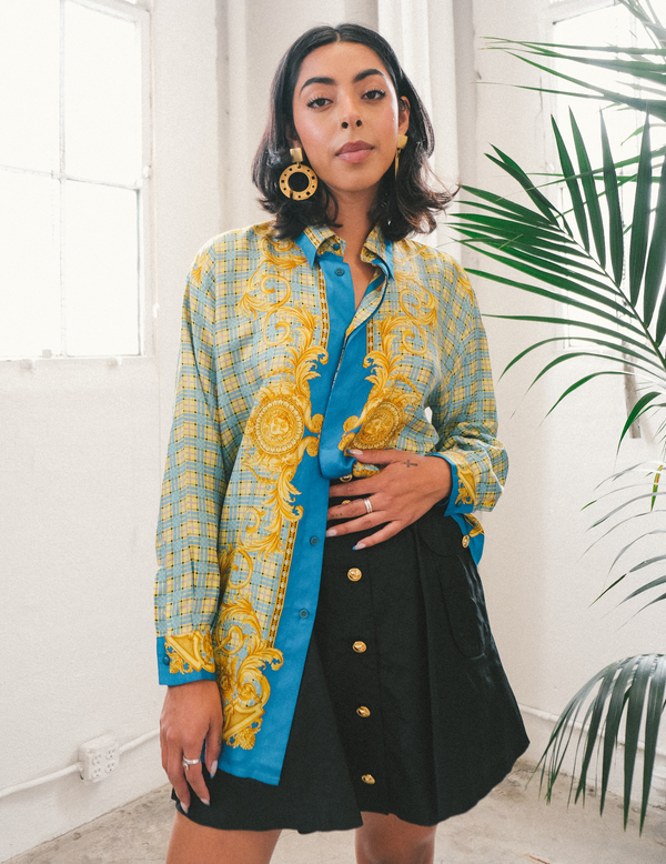 Versace Istante Checkered Baroque Printed Silk Shirt Top arcadeshops.com