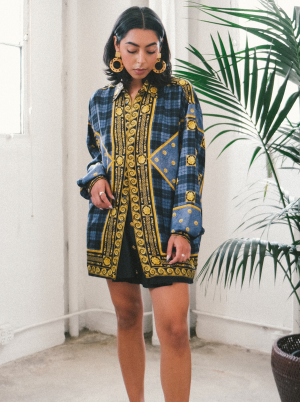 Versace Denim Printed Silk Shirt Top arcadeshops.com