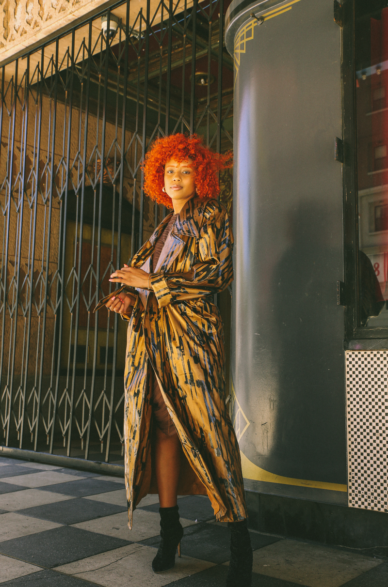 Printed Bronze Trench Coat Jacket arcadeshops.com