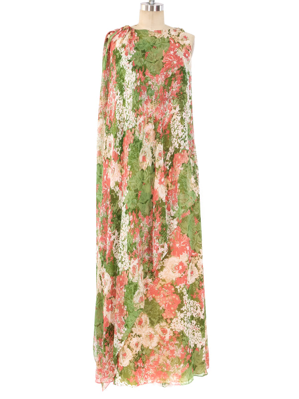 Malcolm Starr Floral Printed Caped Gown Dress arcadeshops.com