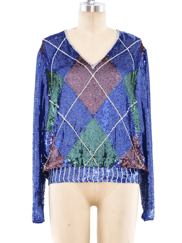 Oscar de la Renta Sequin Embellished Argyle Top Top arcadeshops.com