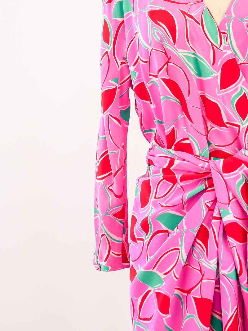 Guy Laroche Pink Leaf Print Wrap Dress Dress arcadeshops.com
