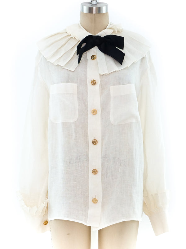 Chanel Ivory Linen Ruffle Blouse Top arcadeshops.com