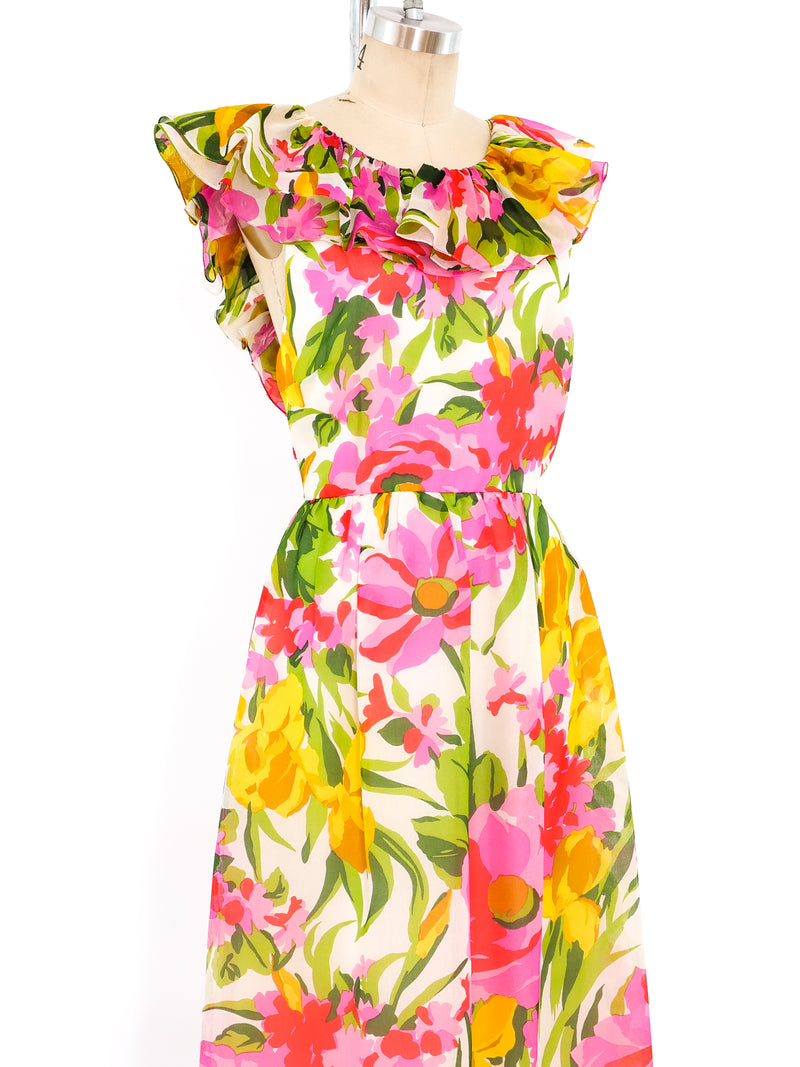 Floral Printed Organza Ruffle Dress Dress arcadeshops.com