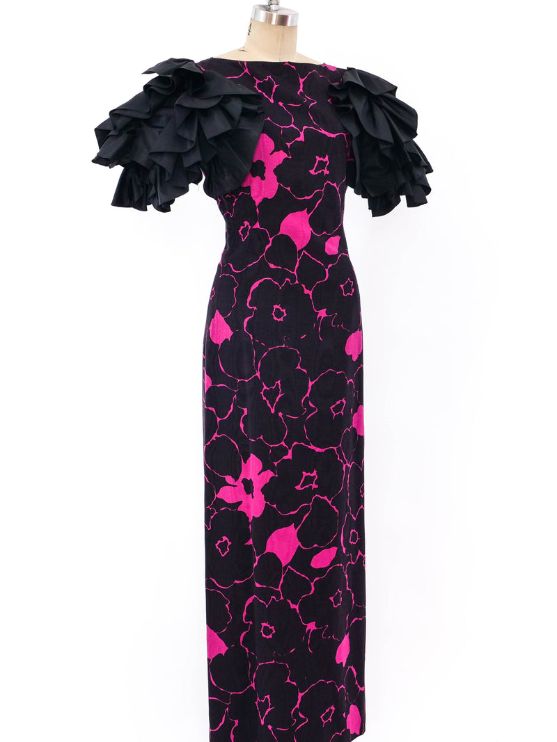 Fuchsia Floral Maxi Dress with Ruffle Sleeve Dress arcadeshops.com