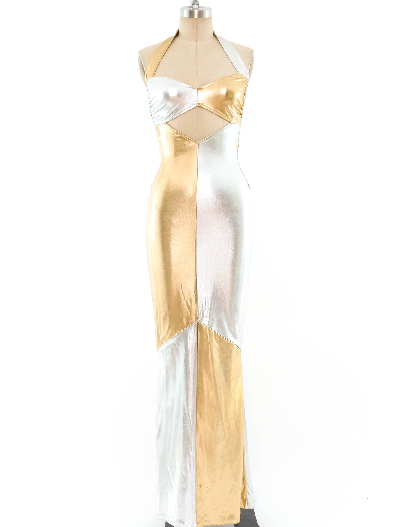 norma kamali gold dress Norma Kamali Metallic Patchwork Cutout Dress