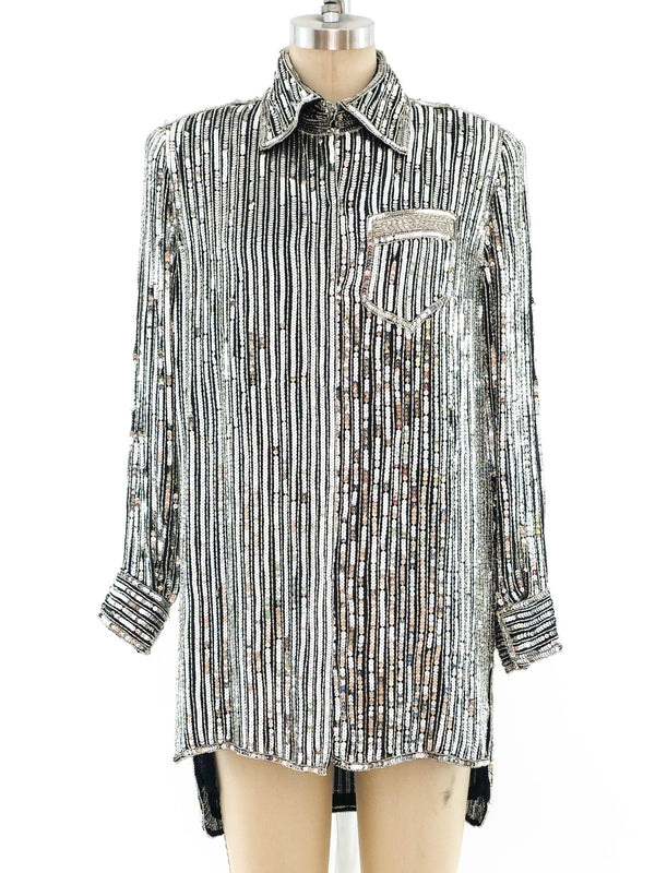 Silver Sequin Embelished Silk Shirt Top arcadeshops.com