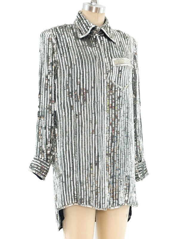 Silver Sequin Embelished Silk Shirt Top arcadeshops.com