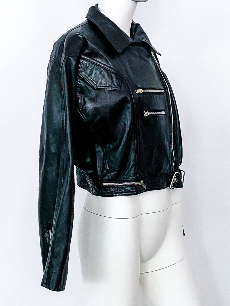 Cropped Leather Motorcycle Jacket Jacket arcadeshops.com