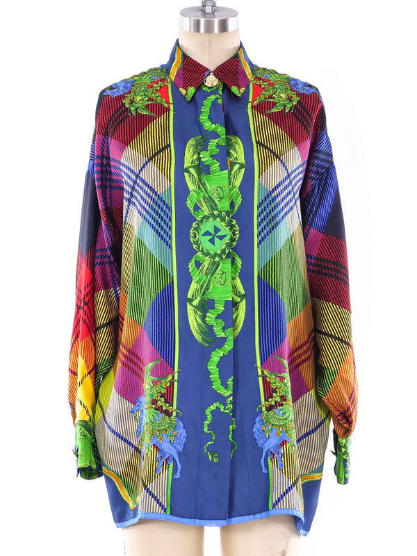 Gianni Versace Rainbow Plaid Silk Shirt Top arcadeshops.com