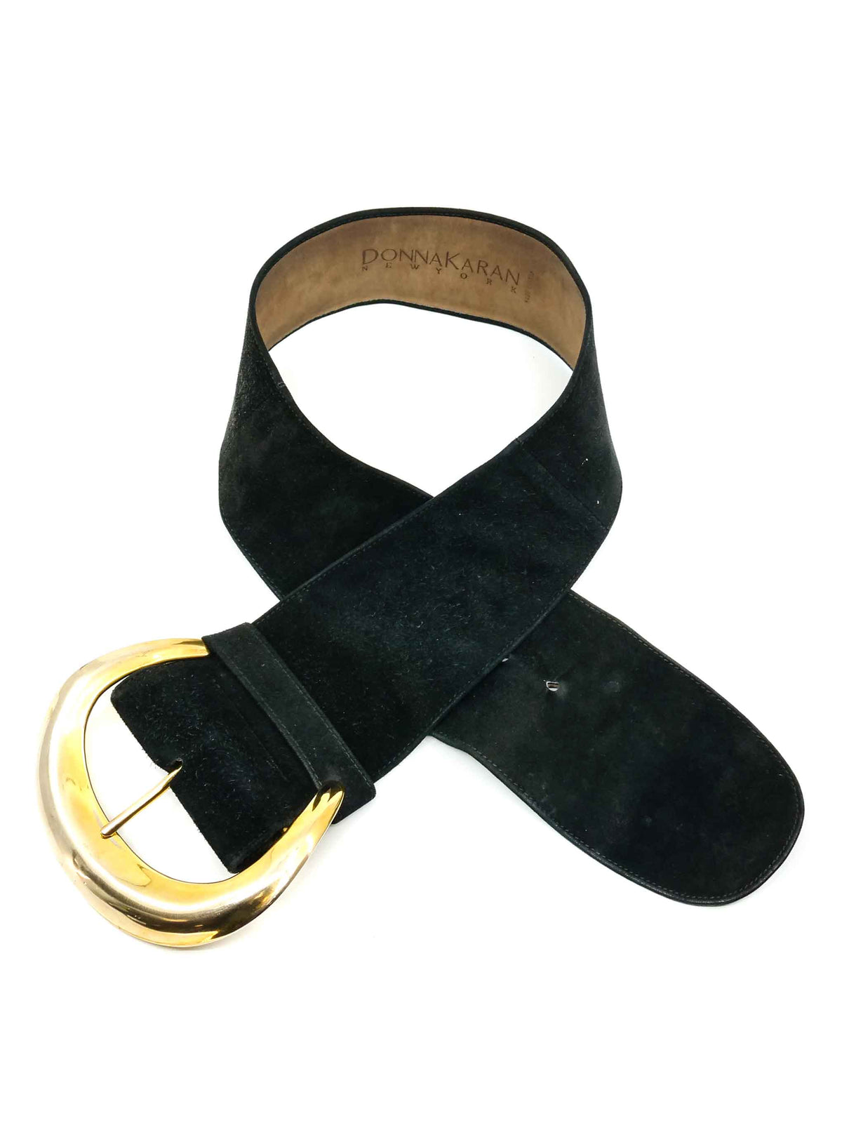 Vintage Donna Karan wide black suede belt with a large gold-tone buckle Donna Karan Vintage Black Suède Belt With Large Suede  main image 2