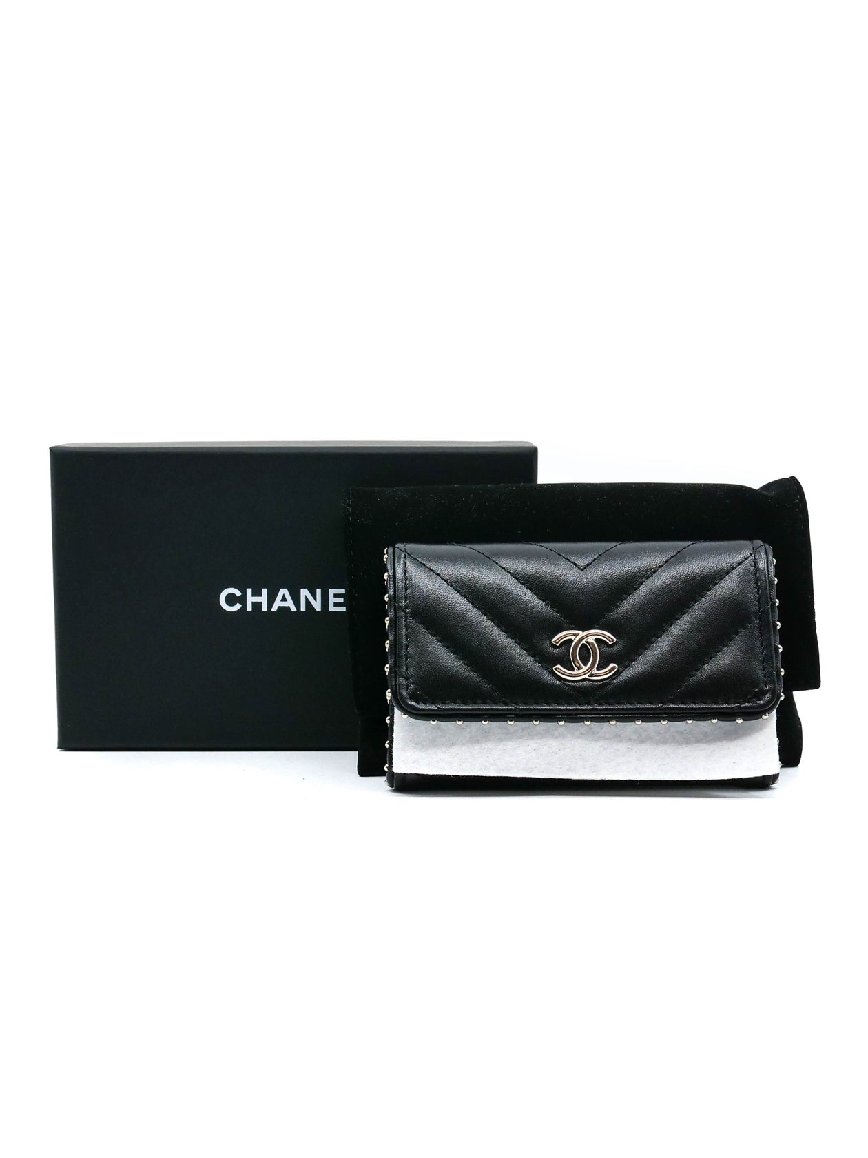 Chanel Lambskin Chevron Quilted Studded Cardholder