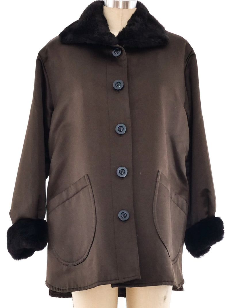 Yves Saint Laurent Fur Trimmed Satin Coat Outerwear arcadeshops.com