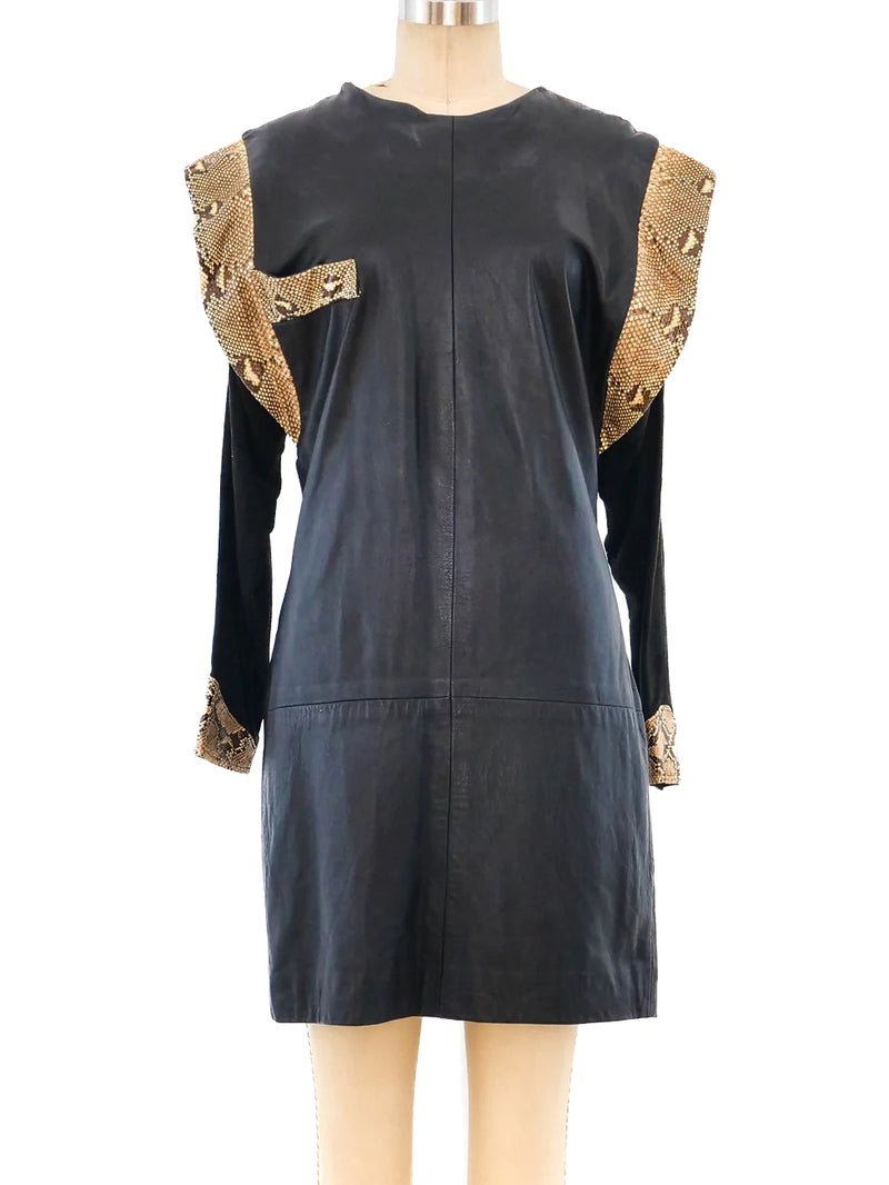 Snakeskin Trimmed Leather Mini Dress Dress arcadeshops.com