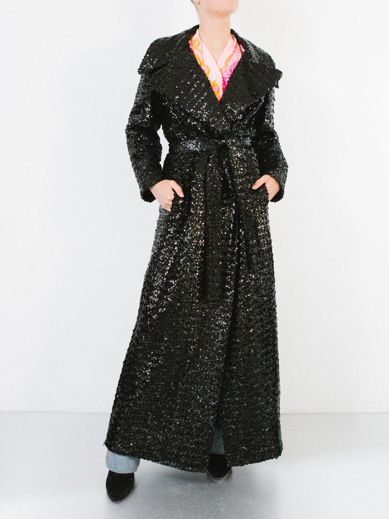 Sequin Embellished Belted Maxi Coat Outerwear arcadeshops.com