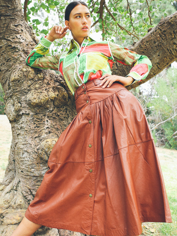 Cognac Leather Midi Skirt Bottom arcadeshops.com