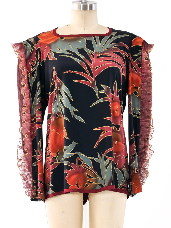 Jeanne Marc Ruffle Sleeve Palm Print Top Top arcadeshops.com