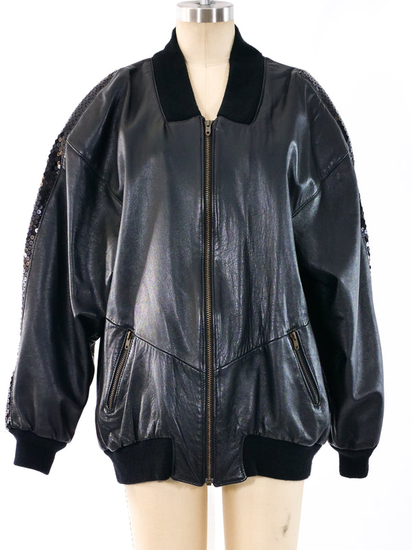 Sequin Trimmed Black Leather Bomber Jacket Jacket arcadeshops.com
