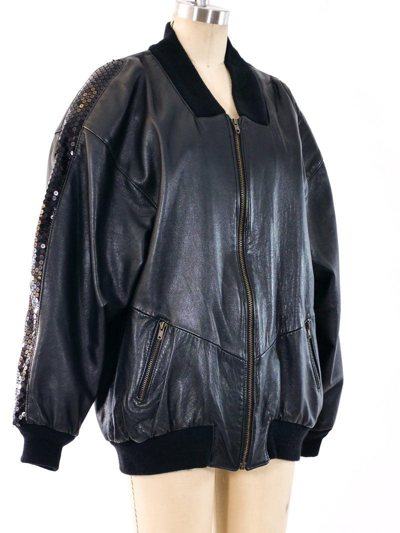 Sequin Trimmed Black Leather Bomber Jacket Jacket arcadeshops.com