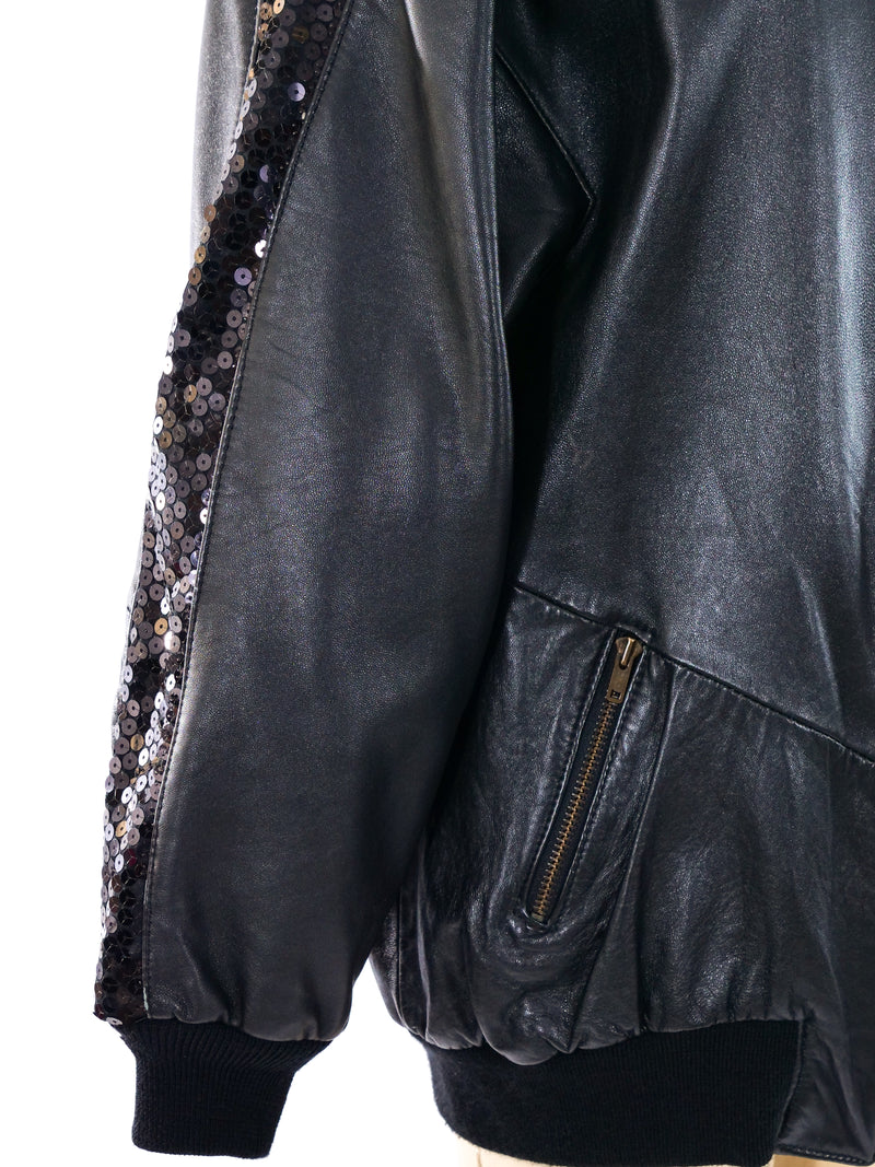 Sequin Trimmed Black Leather Bomber Jacket Jacket arcadeshops.com