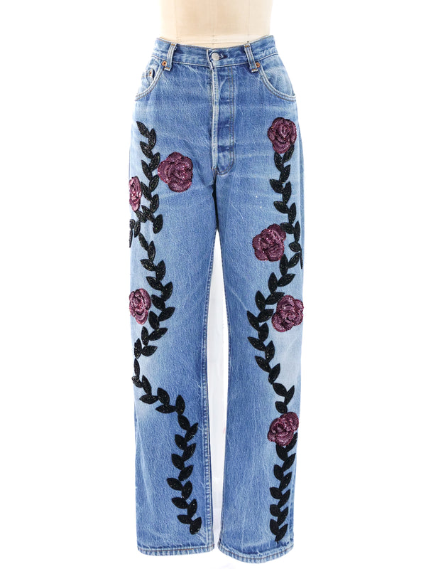Sequin Rose Embellished Levis Bottom arcadeshops.com