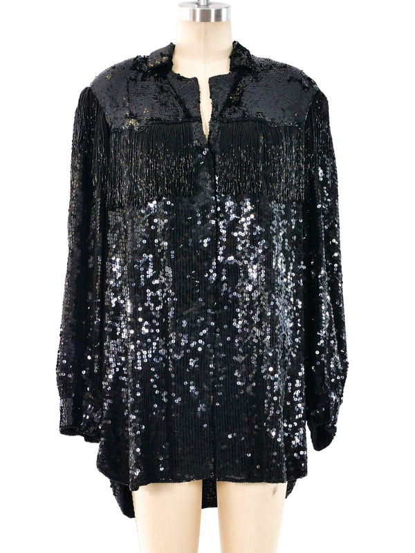 Bead Fringed Oversized Sequin Shirt Top arcadeshops.com