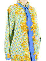 Versace Istante Checkered Baroque Printed Silk Shirt Top arcadeshops.com