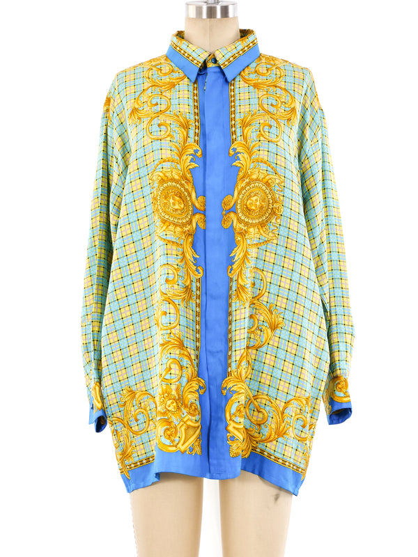 Versace Istante Checkered Baroque Printed Silk Shirt Top arcadeshops.com