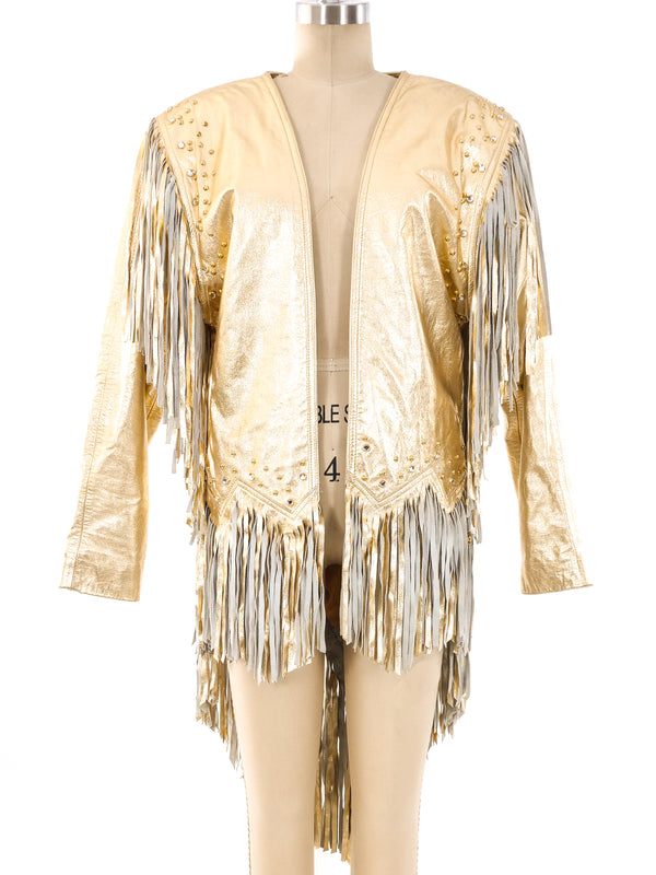 Gold Leather Fringed Statement Jacket Jacket arcadeshops.com
