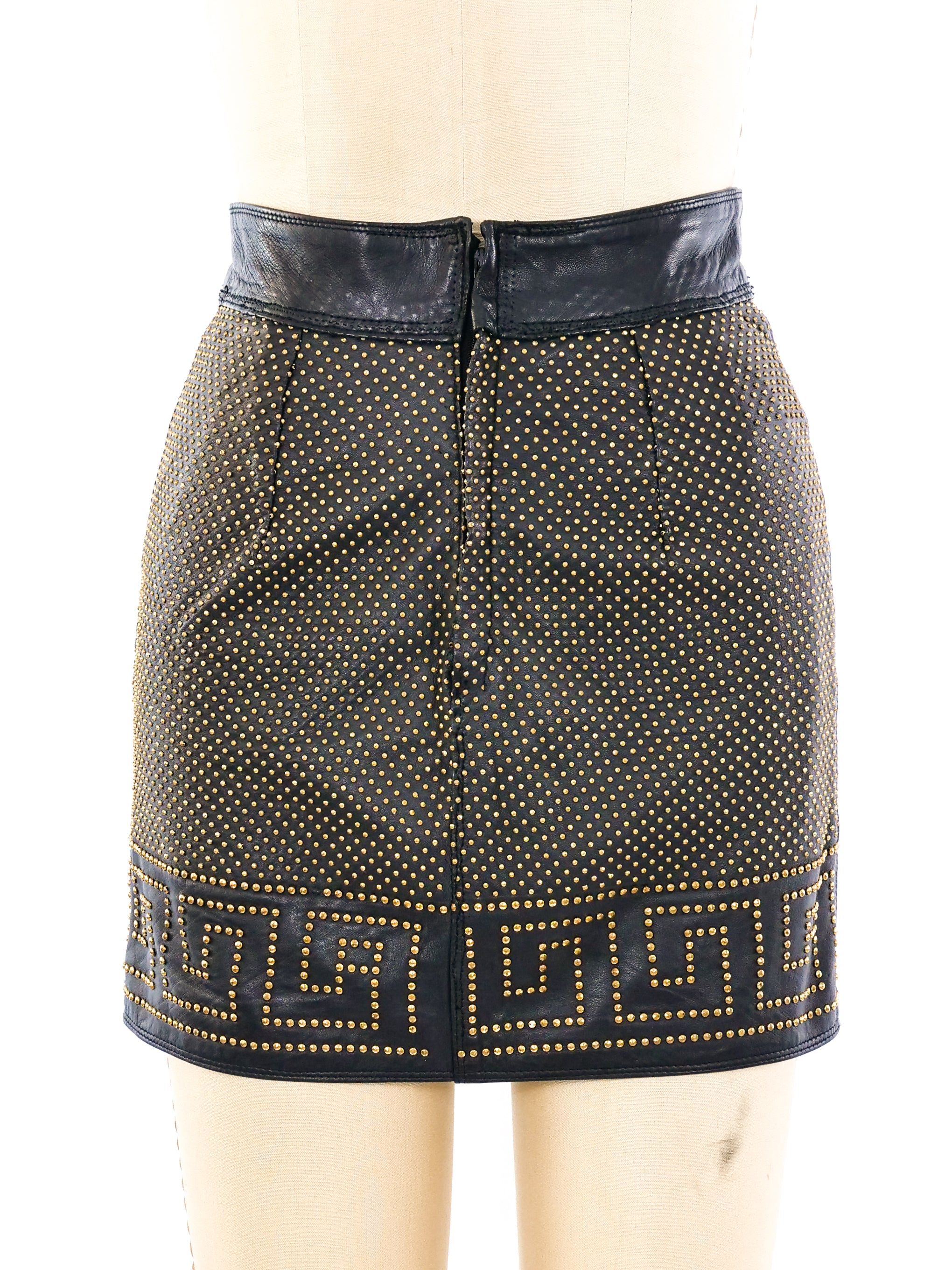Gianni Versace Greek Key Studded Leather Mini Skirt