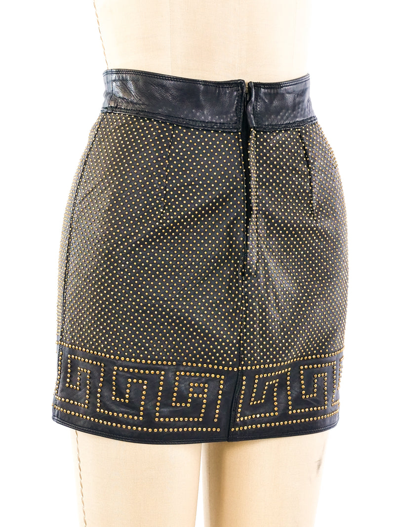 Gianni Versace Greek Key Studded Leather Mini Skirt Bottom arcadeshops.com