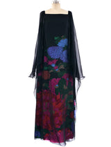 Hanae Mori Floral Printed Caped Gown Dress arcadeshops.com